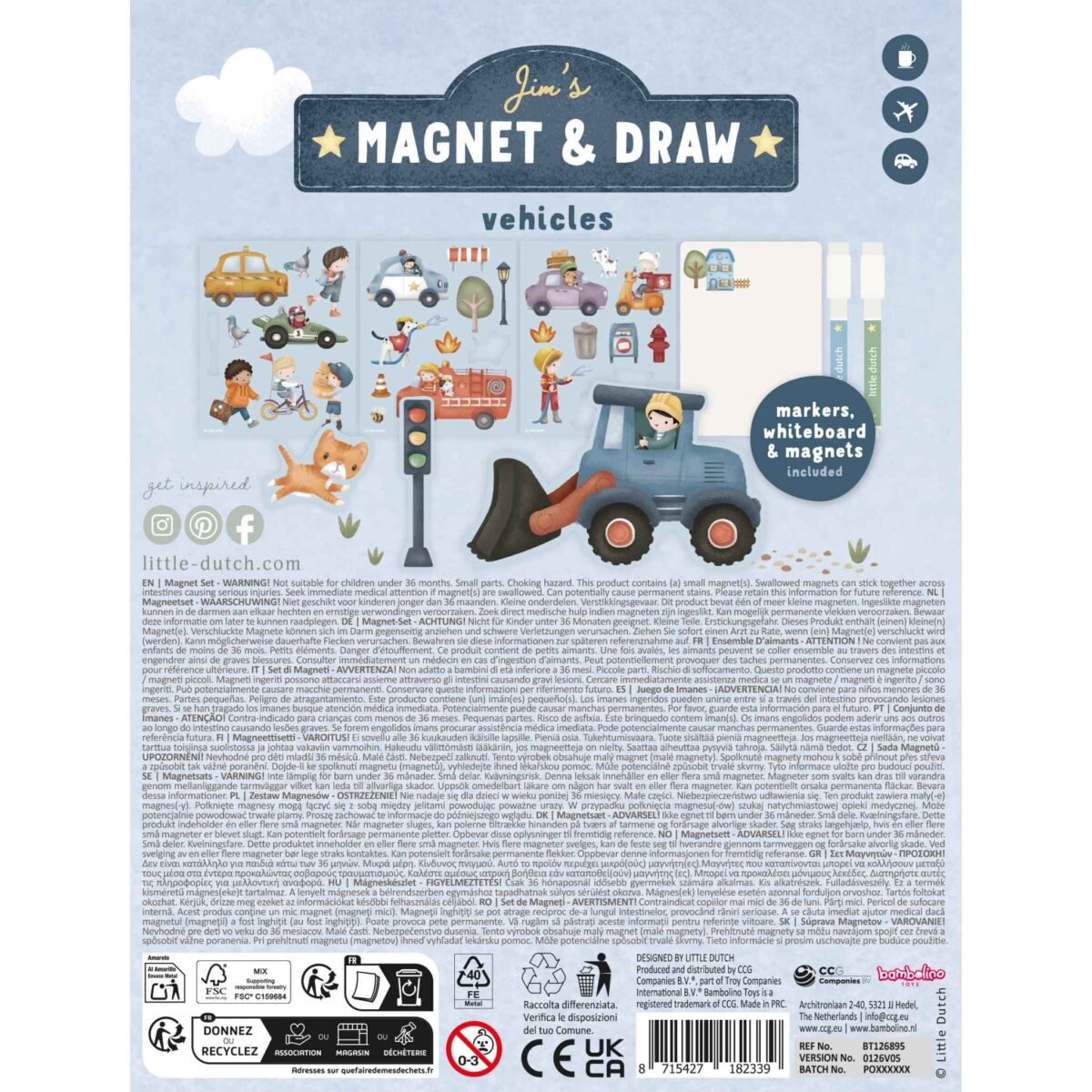 Little Dutch magnētiski krāsojamā grāmata un spēle ´Jim & Vehicles´
