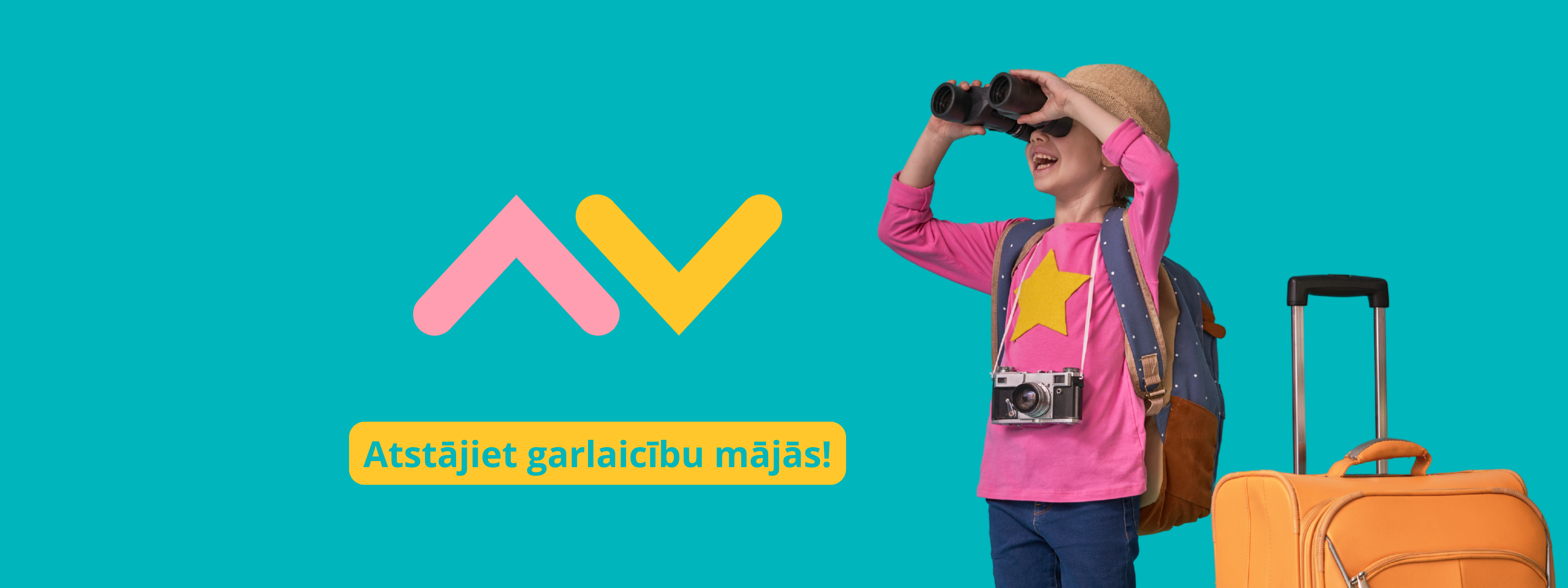 Person with binoculars and camera, suitcase, and colorful logo on a blue background